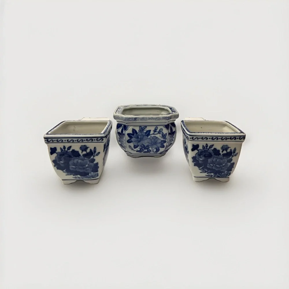 Vintage ASIAN ORIENTAL Blue White Porcelain Bonsai Planter Bowl Floral Set of 3